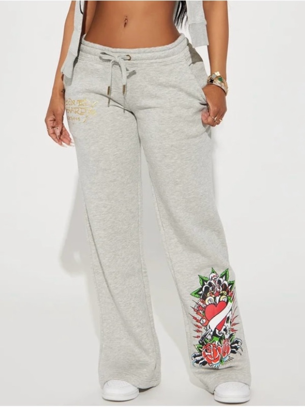 Ed Hardy Heart Of Roses Grey Wide Leg Sweat Pants NWT Size S